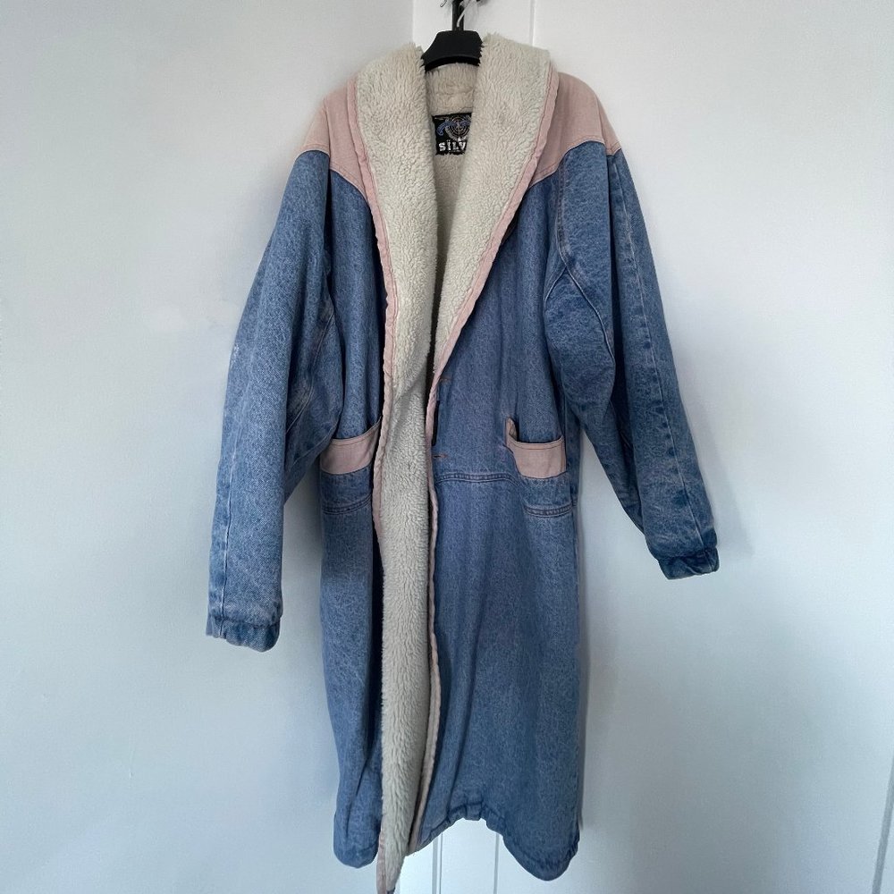 Fleece Lined Button Down Long Denim Jacket Overcoat (Size large)